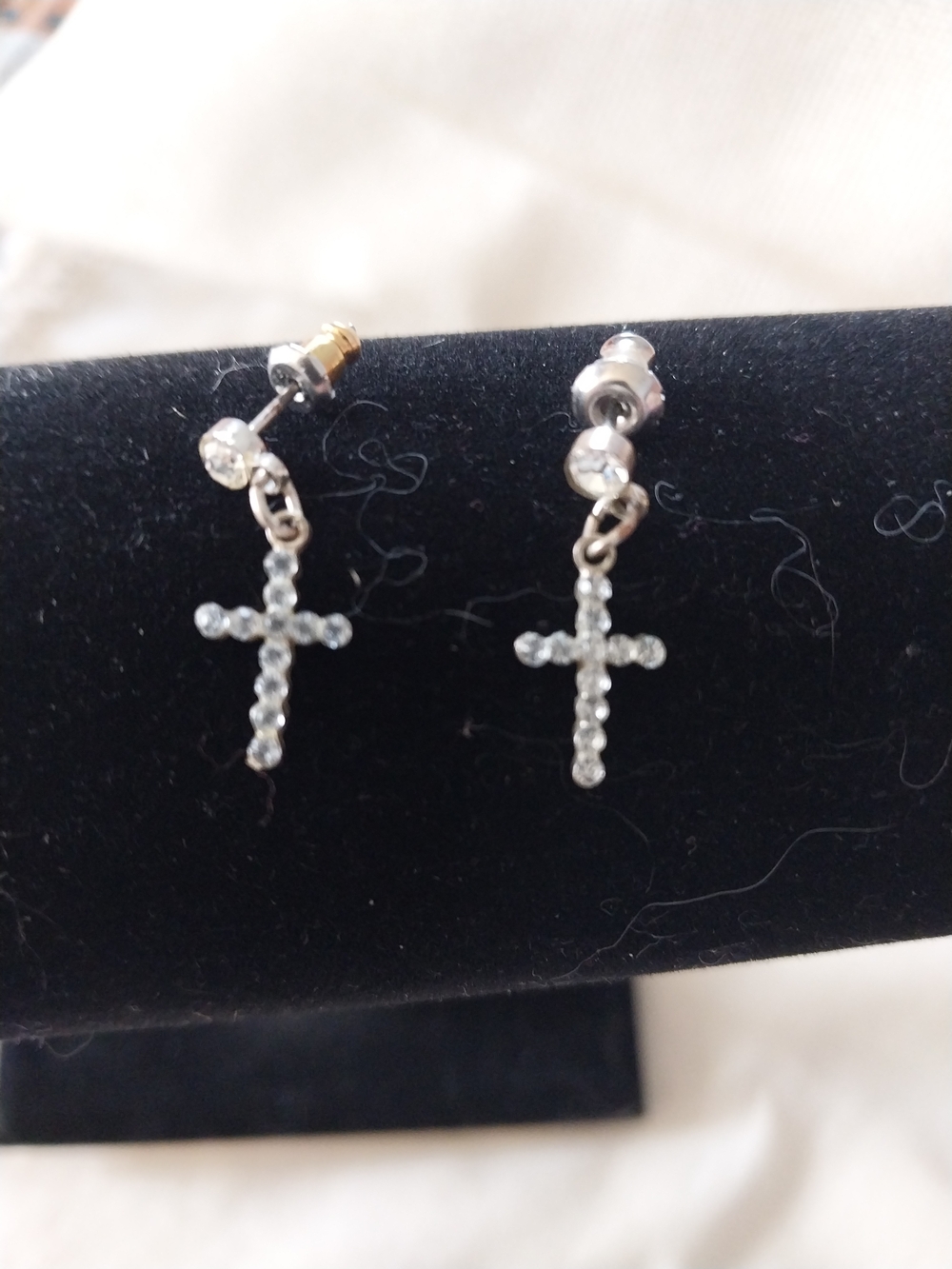 Silver Crystal Cross Drop Stud Earrings - Clear Stones